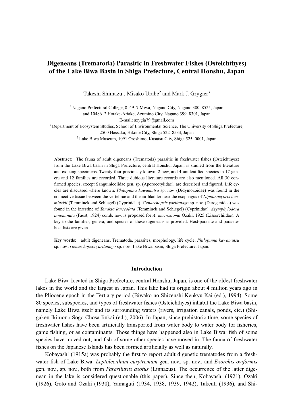 Digeneans (Trematoda) Parasitic in Freshwater Fishes (Osteichthyes) of the Lake Biwa Basin in Shiga Prefecture, Central Honshu, Japan