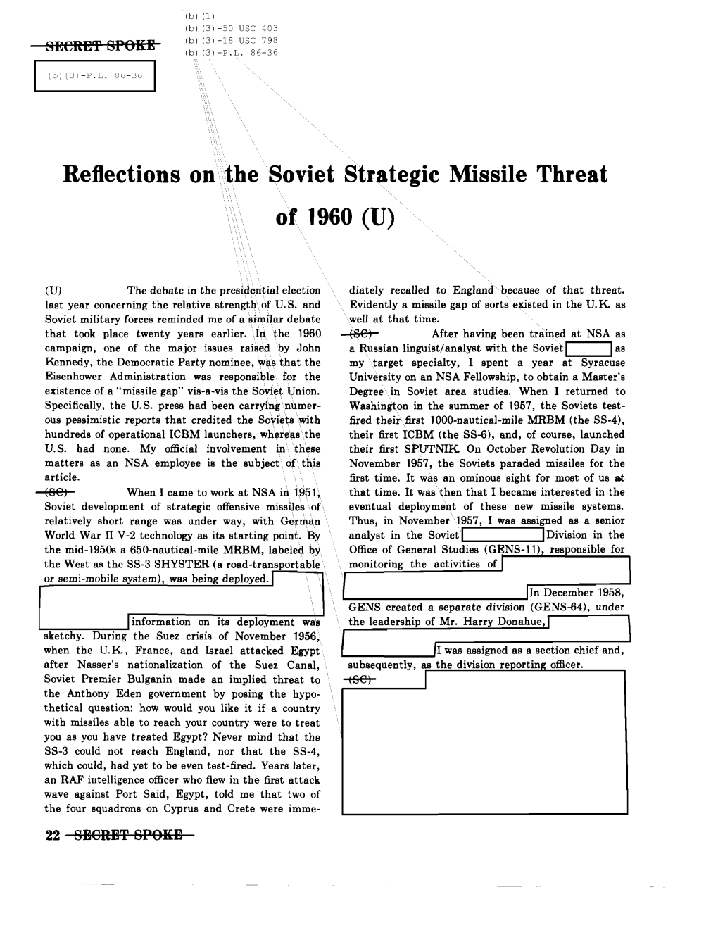 Reflections On\The Soviet Strategic Missile Threat of 1960 (U)