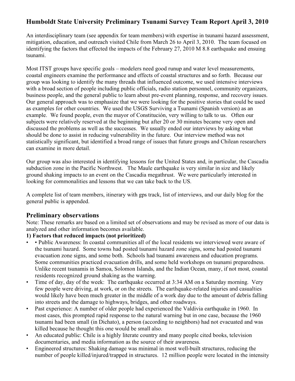 Humboldt State University Preliminary Tsunami Survey Team Report April 3, 2010