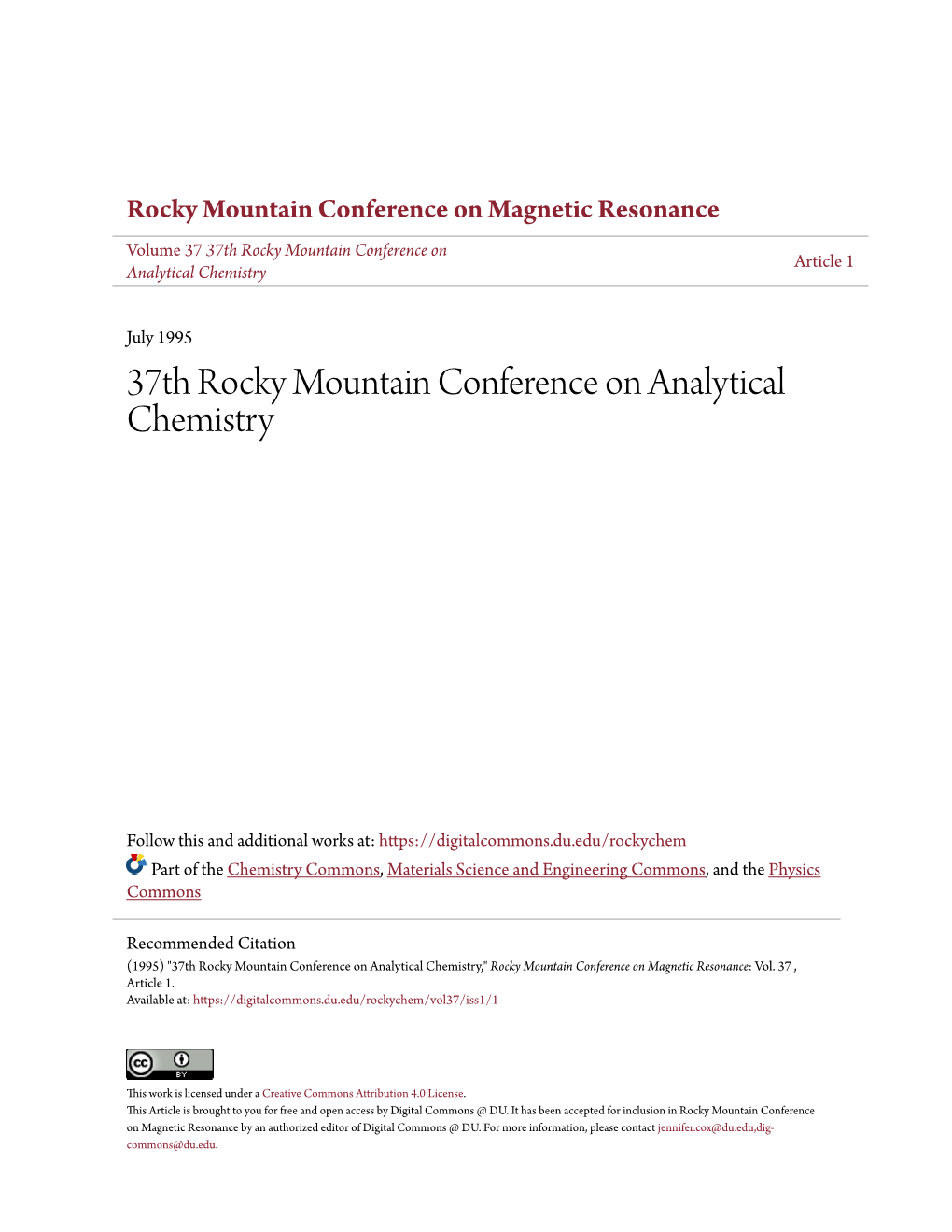 37Th Rocky Mountain Conference on Analytical Chemistry