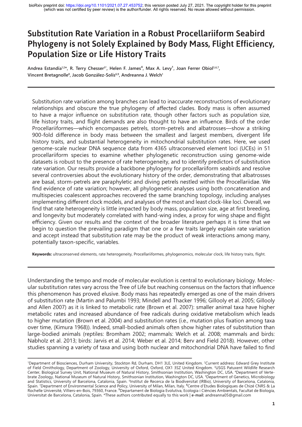 Substitution Rate Variation in a Robust Procellariiform Seabird Phylogeny Is Not Solely Explained by Body Mass, Flight Efficienc