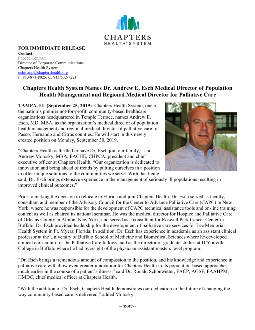 Chapters Health System Names Dr. Andrew E. Esch Medical Director of Population Health Management and Regional Medical Director for Palliative Care