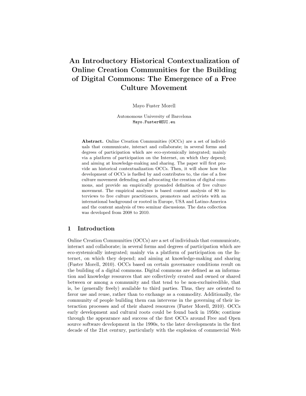 An Introductory Historical Contextualization of Online Creation Communities for the Building of Digital Commons: the Emergence of a Free Culture Movement