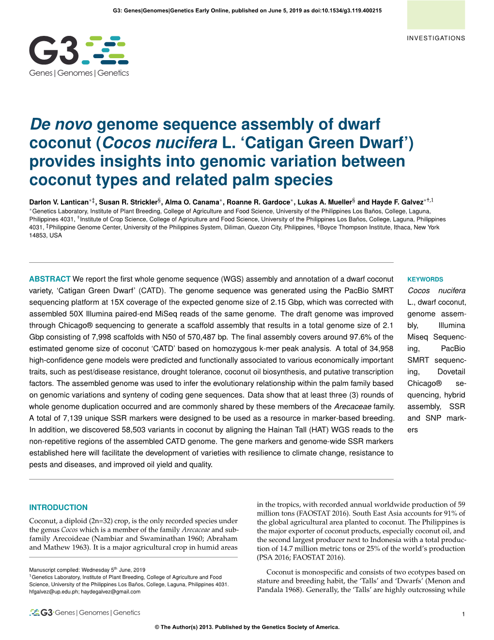 De Novo Genome Sequence Assembly of Dwarf Coconut (Cocos Nucifera L