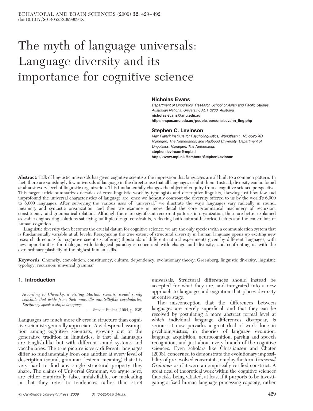 The Myth of Language Universals: Language Diversity and Its Importance for Cognitive Science