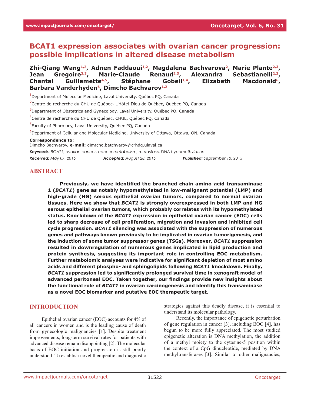 BCAT1 Expression Associates with Ovarian Cancer Progression: Possible Implications in Altered Disease Metabolism