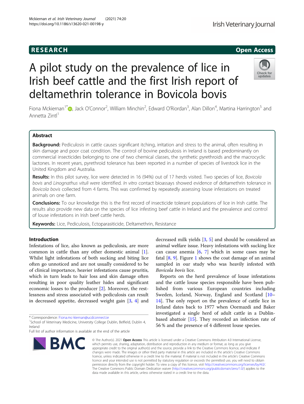 A Pilot Study on the Prevalence of Lice in Irish Beef Cattle and the First Irish