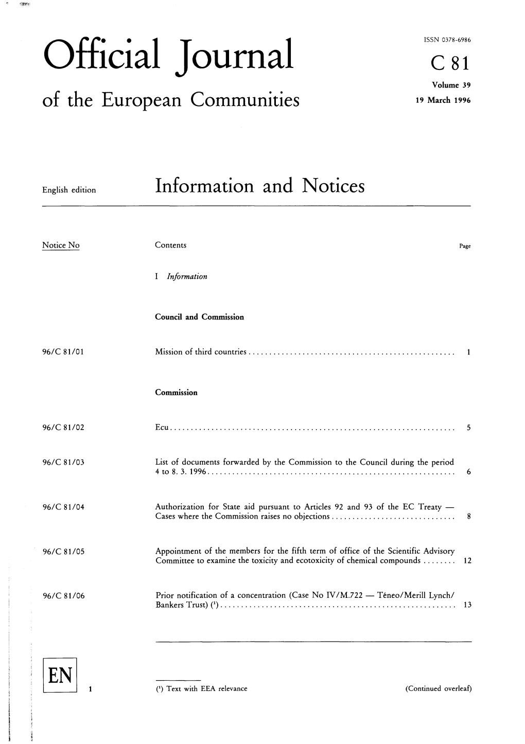 Official Journal C 81 Volume 39 of the European Communities 19 March 1996