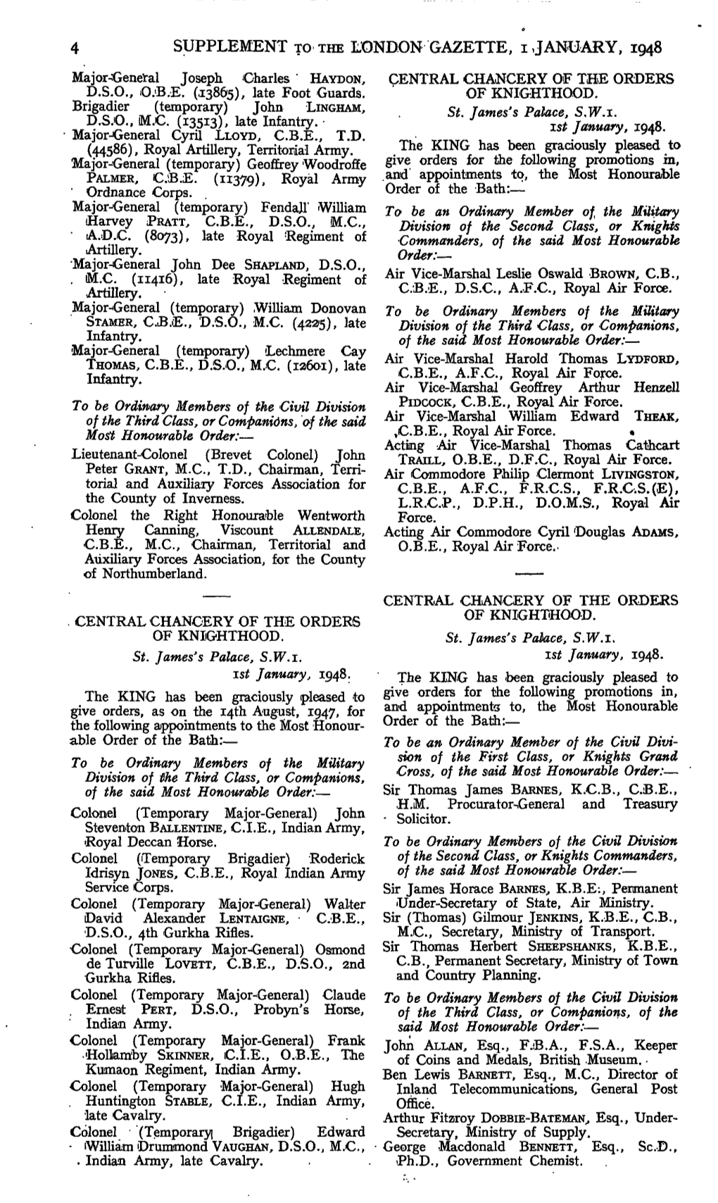 SUPPLEMENT to the LONDON GAZETTE, I JANUARY, 1948 Major-General Joseph Charles 