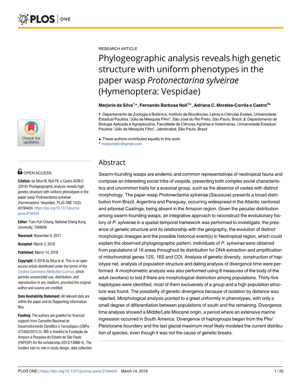 Phylogeographic Analysis Reveals High Genetic Structure with Uniform Phenotypes in the Paper Wasp Protonectarina Sylveirae (Hymenoptera: Vespidae)