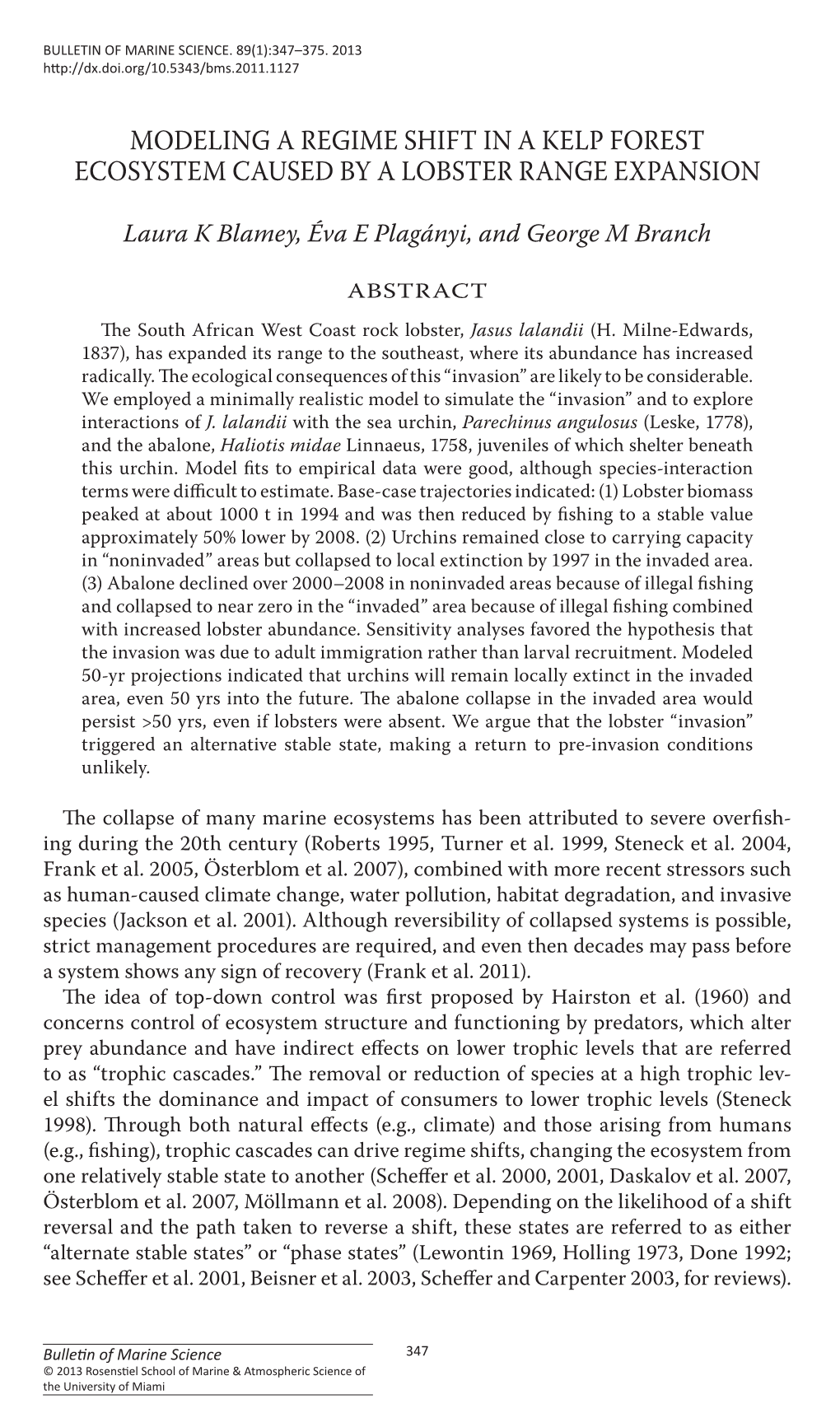 Modeling a Regime Shift in a Kelp Forest Ecosystem Caused by a Lobster Range Expansion