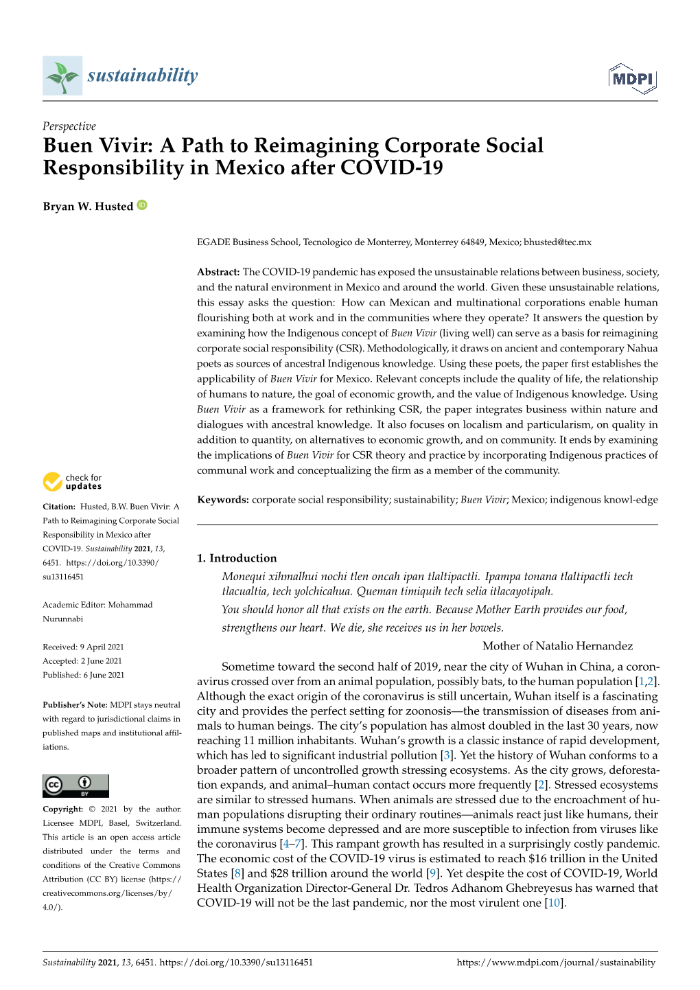 Buen Vivir: a Path to Reimagining Corporate Social Responsibility in Mexico After COVID-19