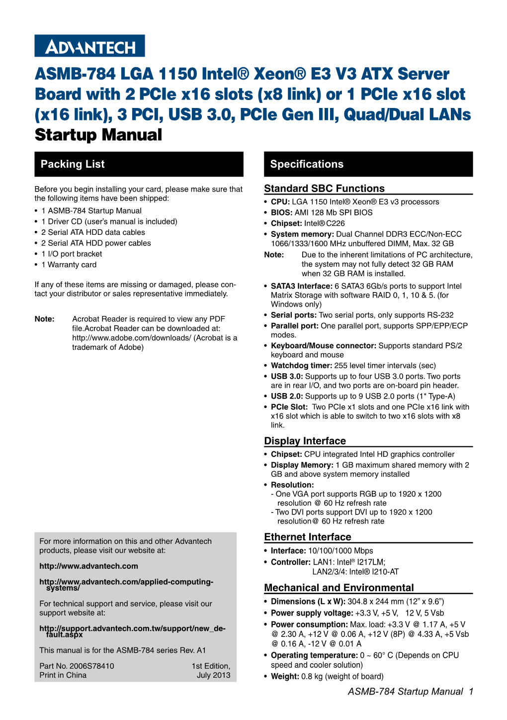 ASMB-784 LGA 1150 Intel® Xeon® E3 V3 ATX Server