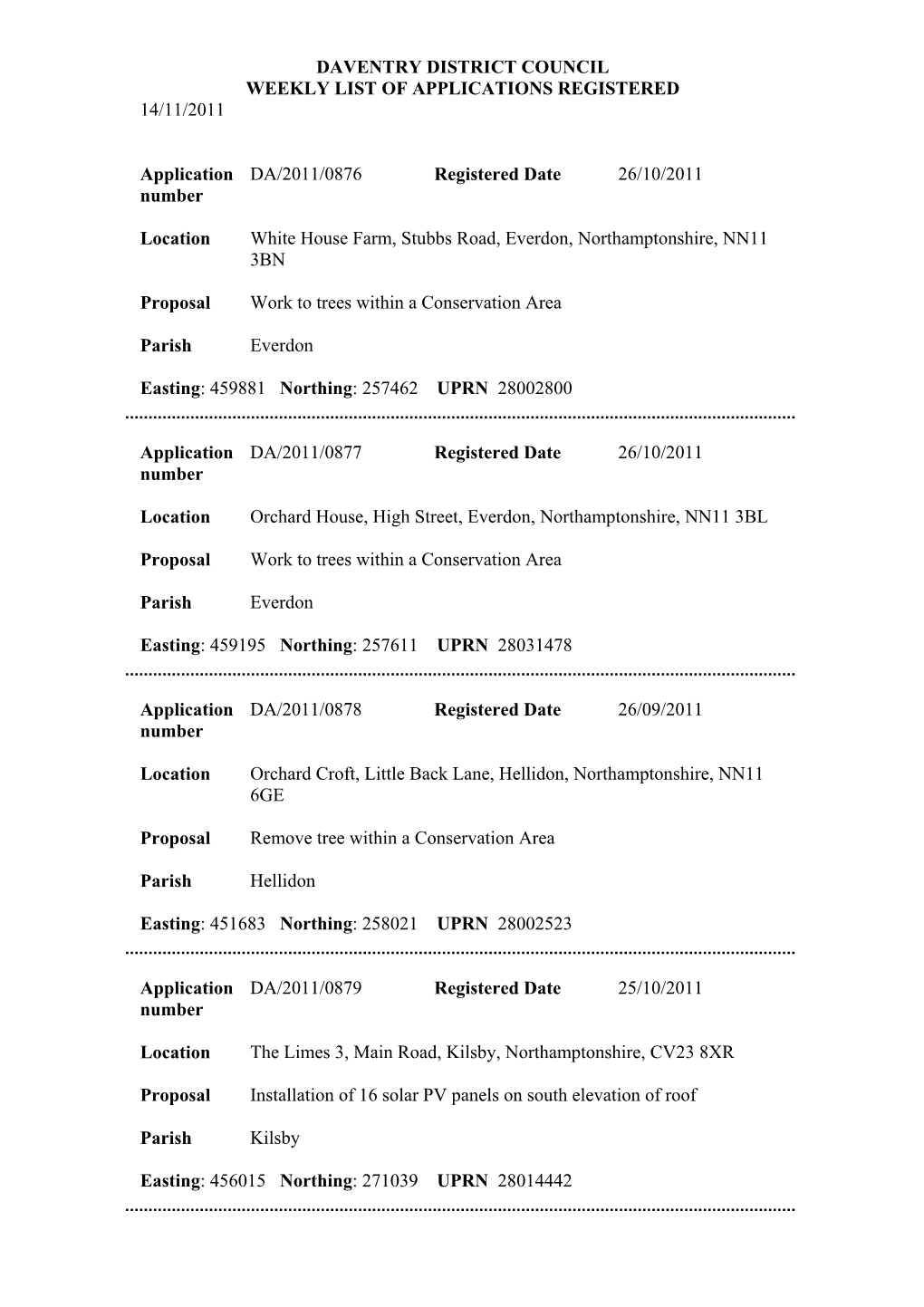 Daventry District Council Weekly List of Applications Registered 14/11/2011