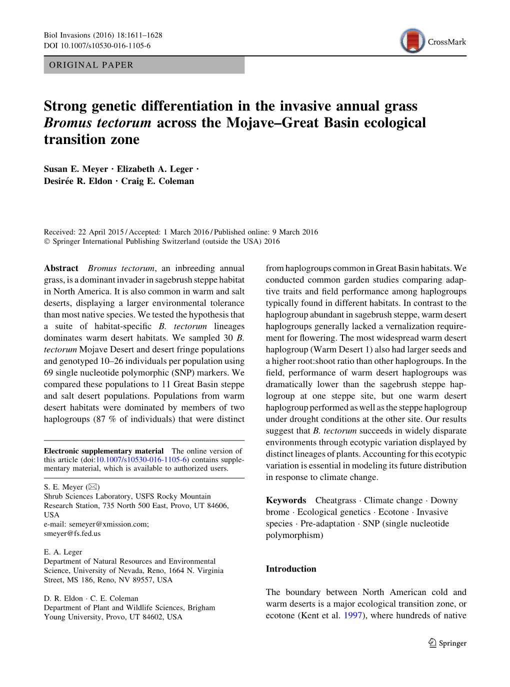 Strong Genetic Differentiation in the Invasive Annual Grass Bromus Tectorum Across the Mojave–Great Basin Ecological Transition Zone