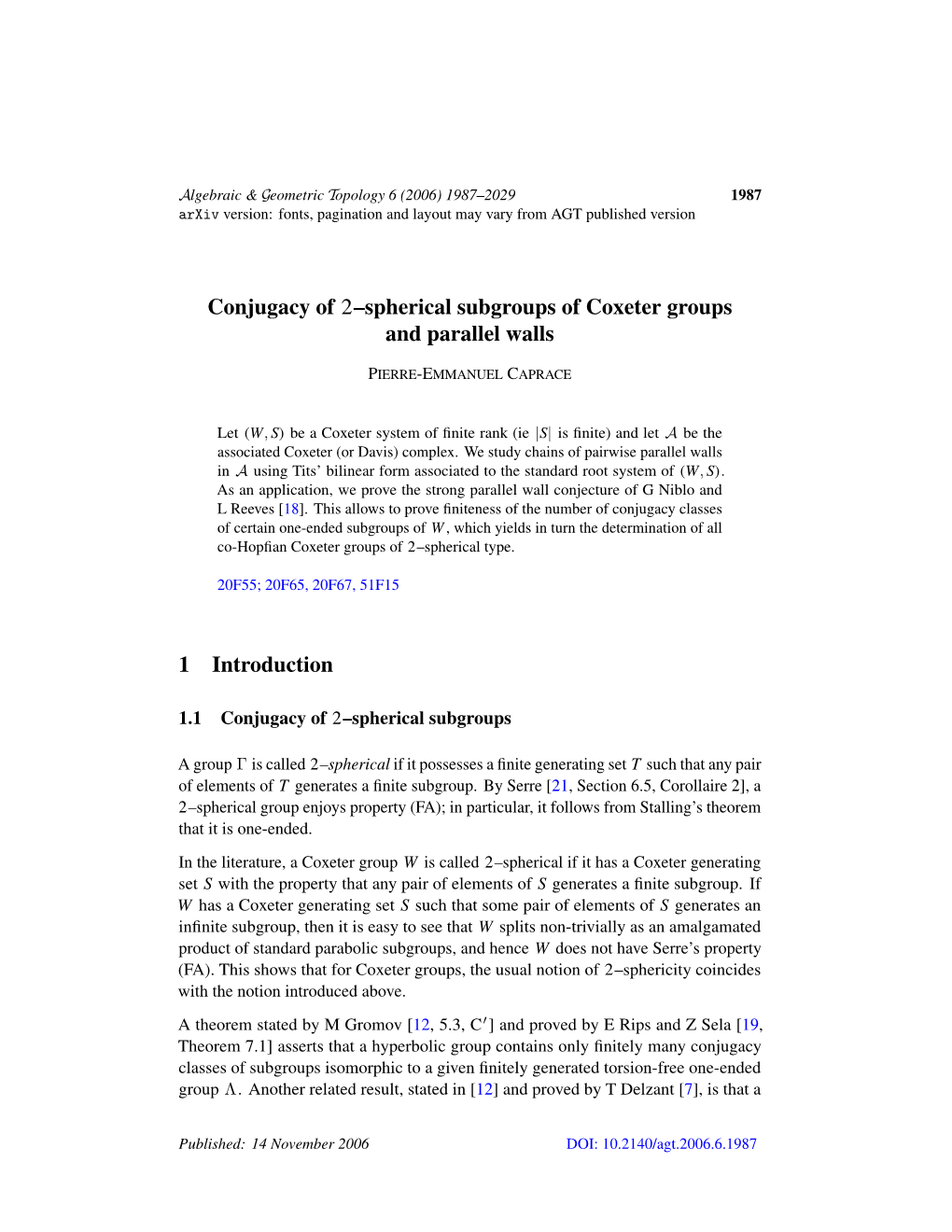 Conjugacy of 2–Spherical Subgroups of Coxeter Groups and Parallel Walls