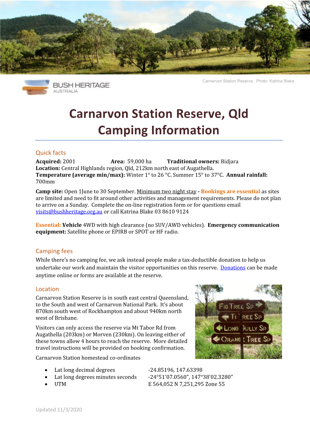 Carnarvon Station Reserve, Qld Camping Information