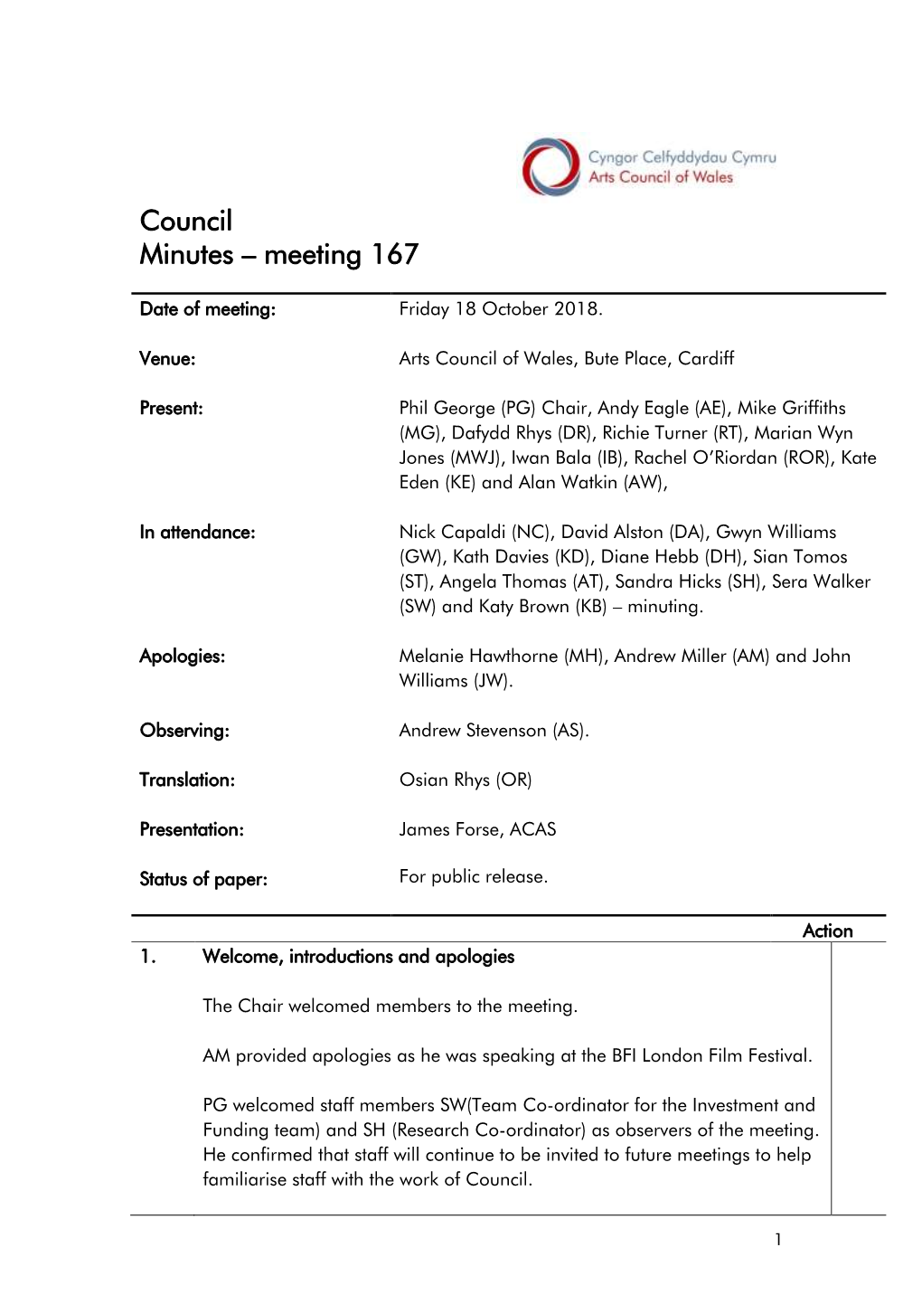 Council Minutes – Meeting 167