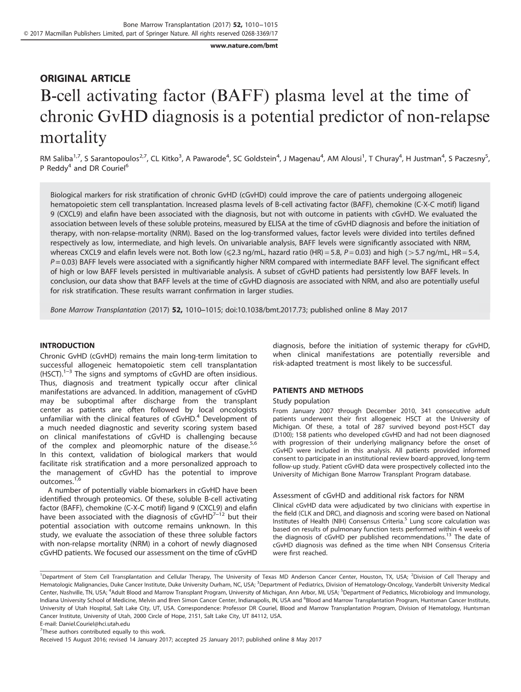 B-Cell Activating Factor (BAFF) Plasma Level at the Time of Chronic Gvhd Diagnosis Is a Potential Predictor of Non-Relapse Mortality