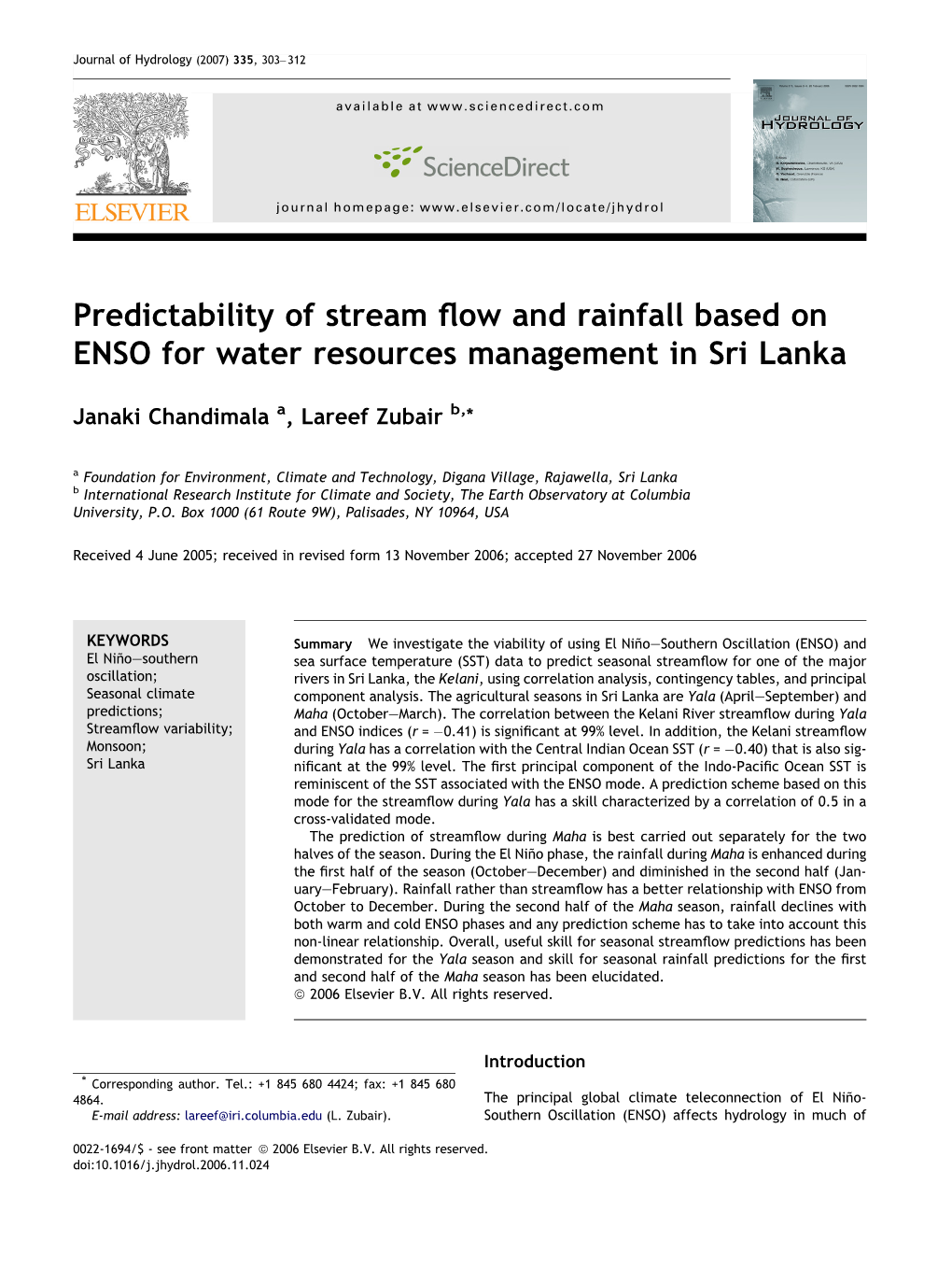 Predictability of Stream Flow and Rainfall Based on ENSO for Water