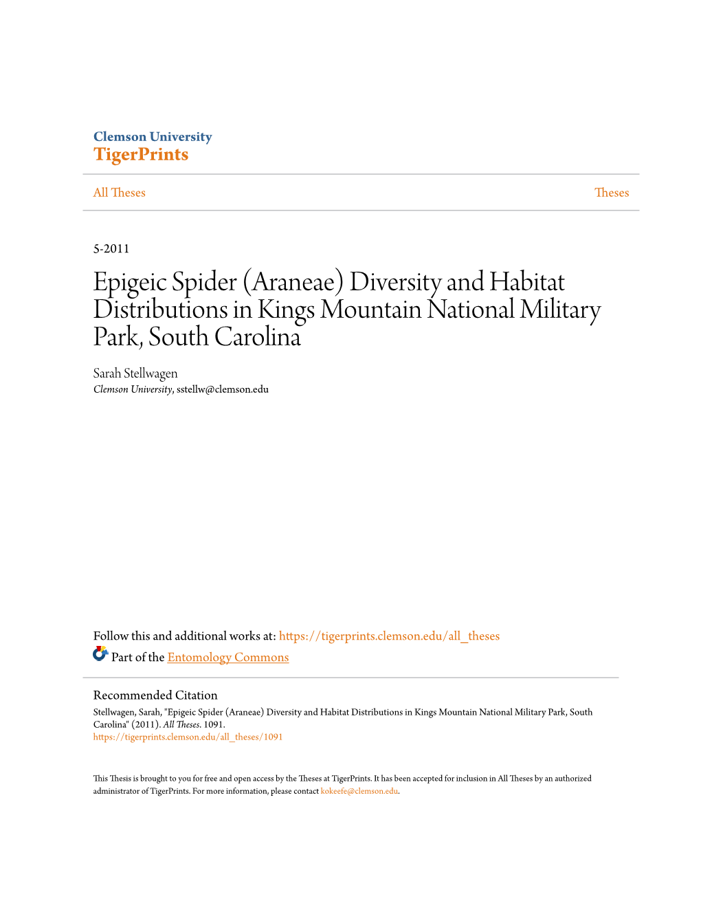 Epigeic Spider (Araneae) Diversity and Habitat Distributions in Kings