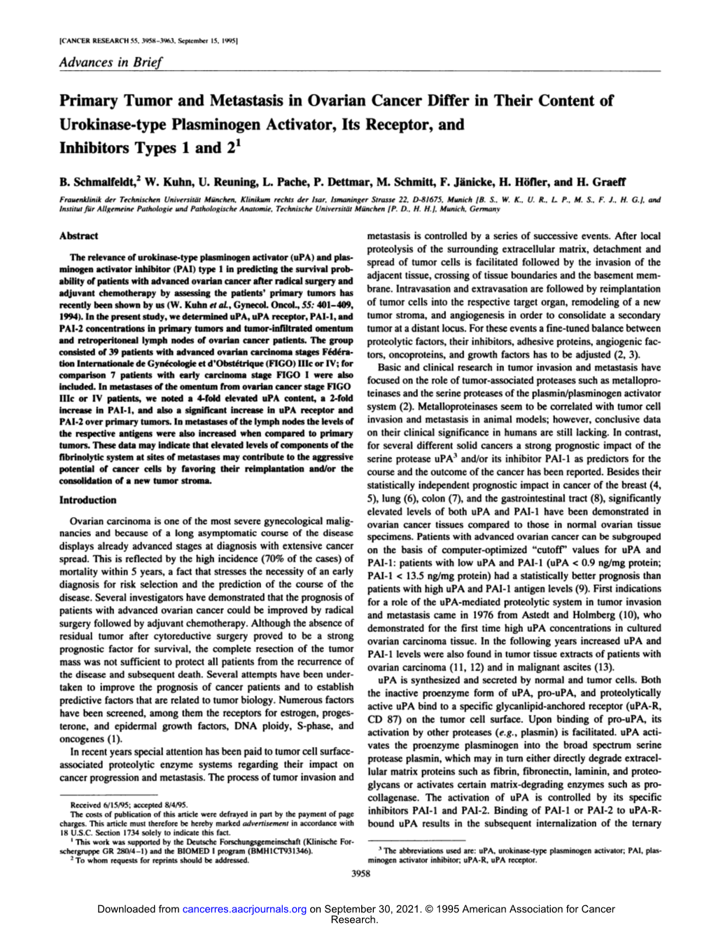 Primary Tumor and Metastasis in Ovarian Cancer Differ in Their Content of Urokinase-Type Plasminogen Activator, Its Receptor, and Inhibitors Types 1 and 21