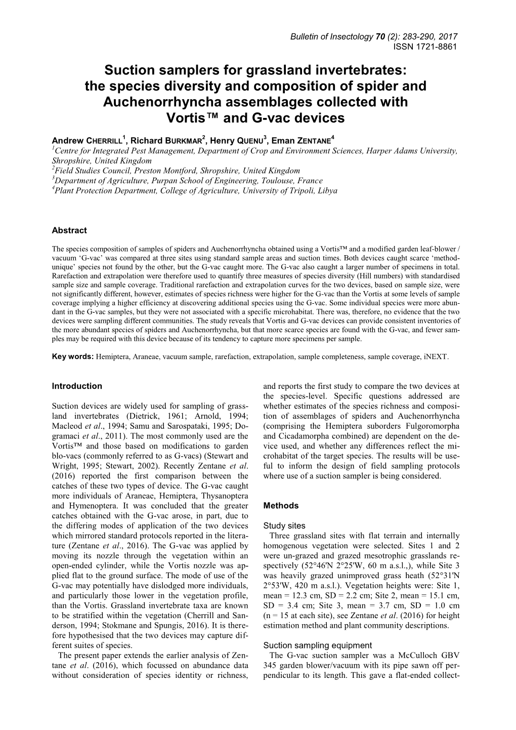 Suction Samplers for Grassland Invertebrates: the Species Diversity