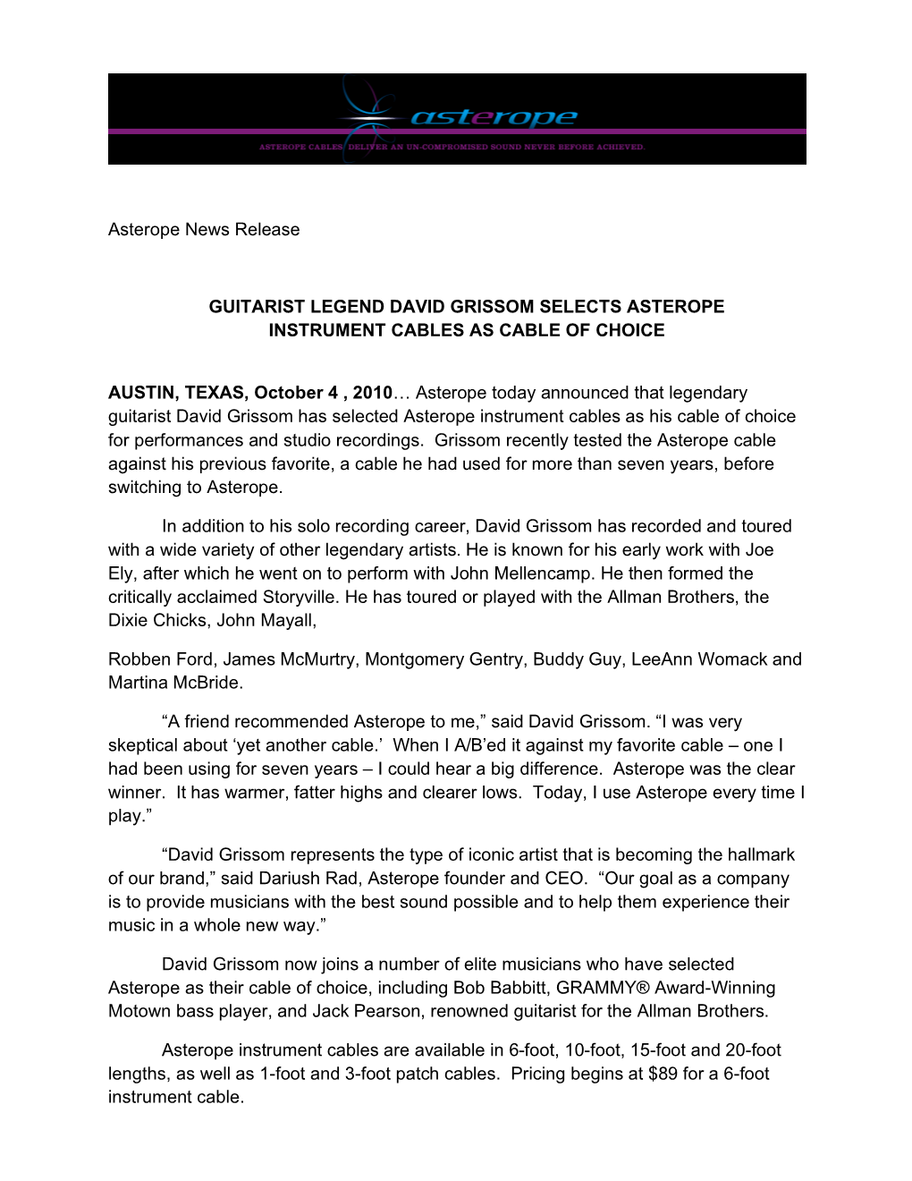 David Grissom Press Release 2010 Final