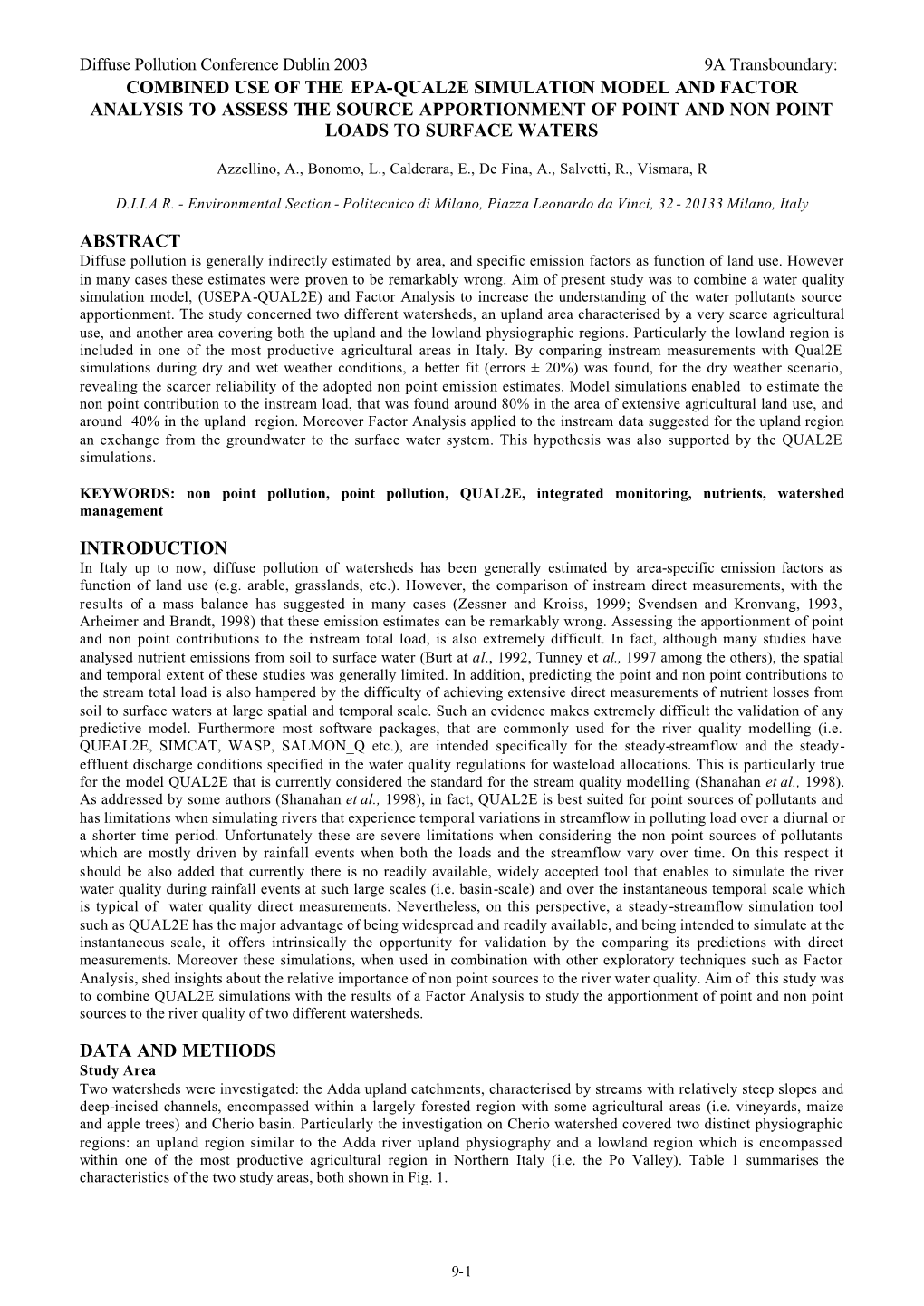 Combined Use of the Epa-Qual2e Simulation Model and Factor Analysis to Assess the Source Apportionment of Point and Non Point Loads to Surface Waters