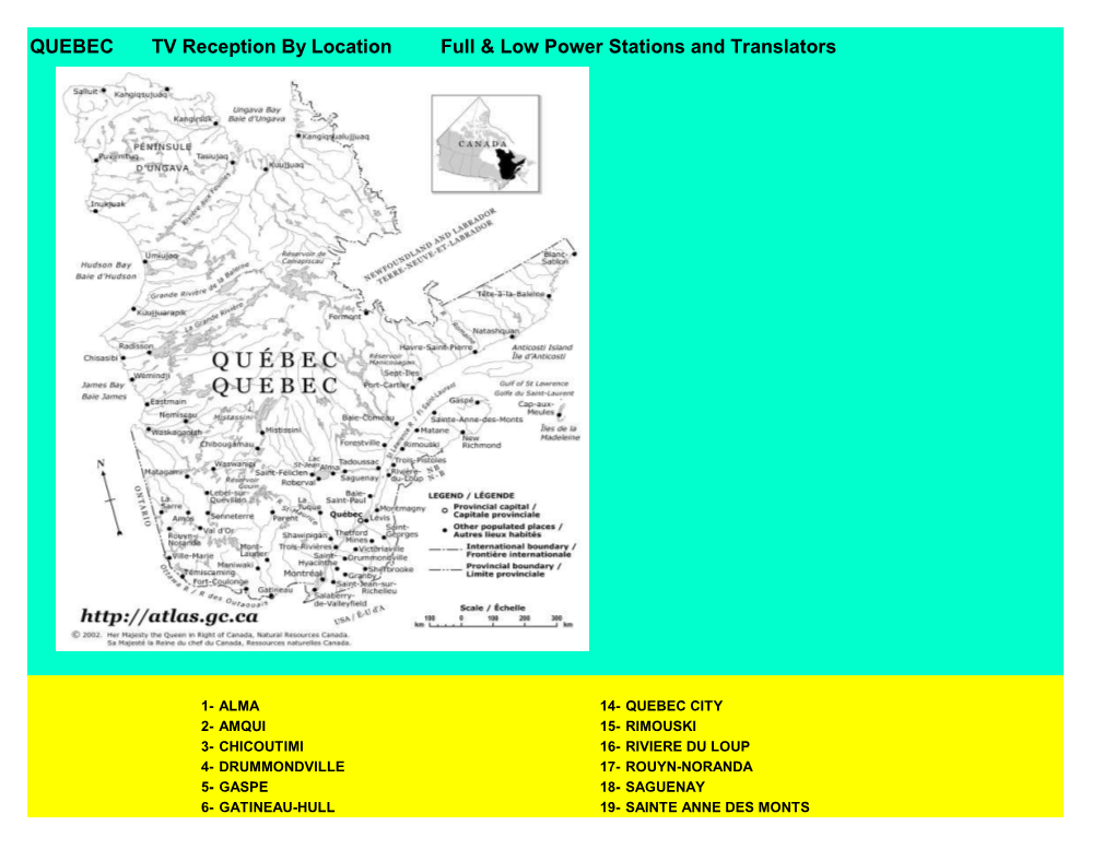 QUEBEC TV Reception by Location Full & Low Power Stations and Translators