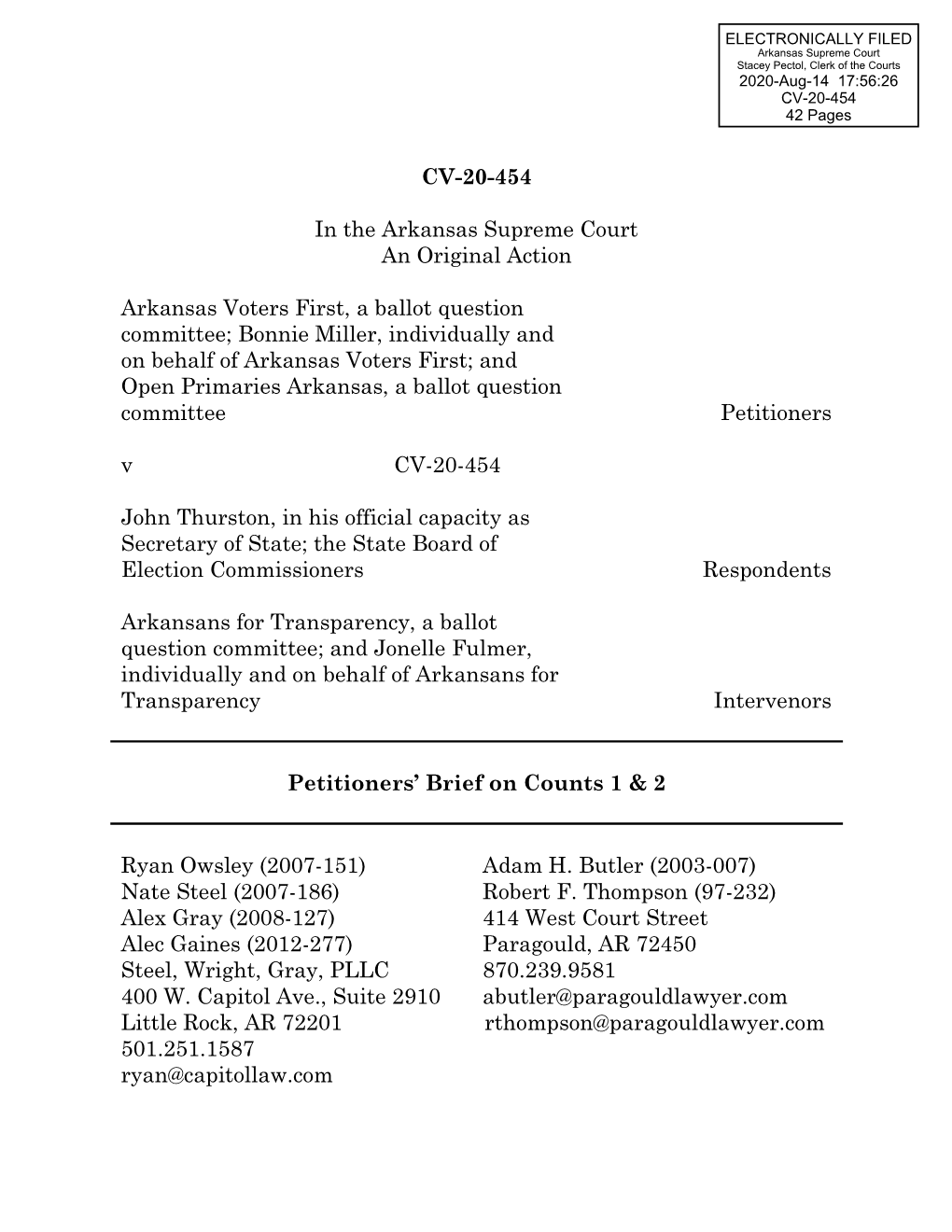 CV-20-454 in the Arkansas Supreme Court an Original Action Arkansas