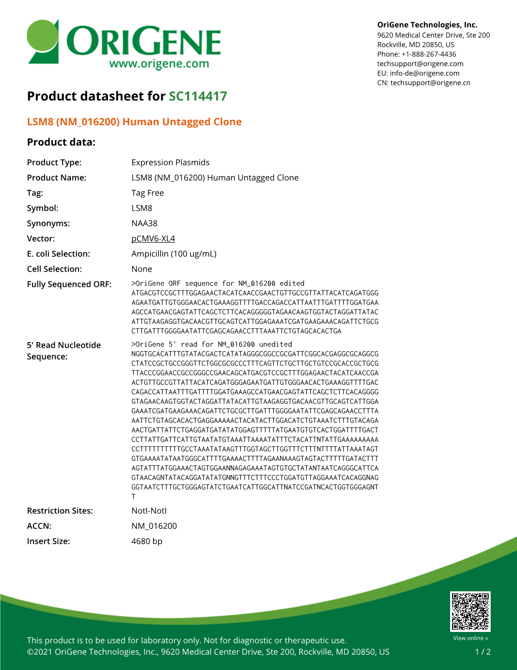 LSM8 (NM 016200) Human Untagged Clone – SC114417 | Origene