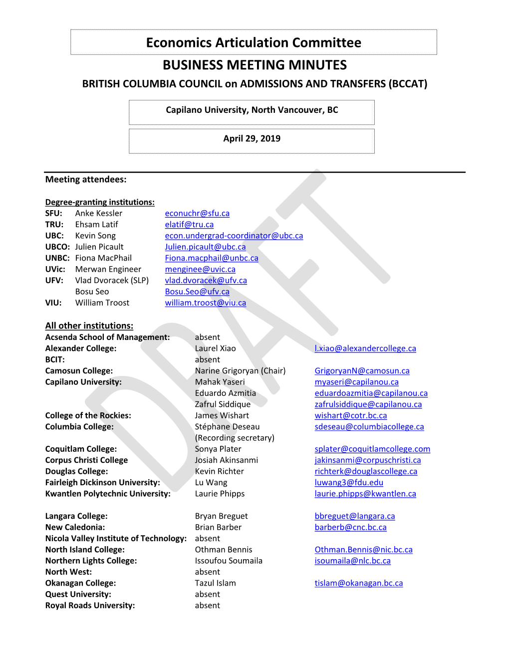 Economics Articulation Committee BUSINESS MEETING MINUTES BRITISH COLUMBIA COUNCIL on ADMISSIONS and TRANSFERS (BCCAT)