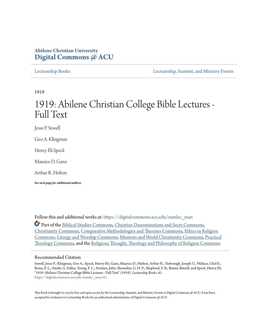 1919: Abilene Christian College Bible Lectures - Full Text Jesse P