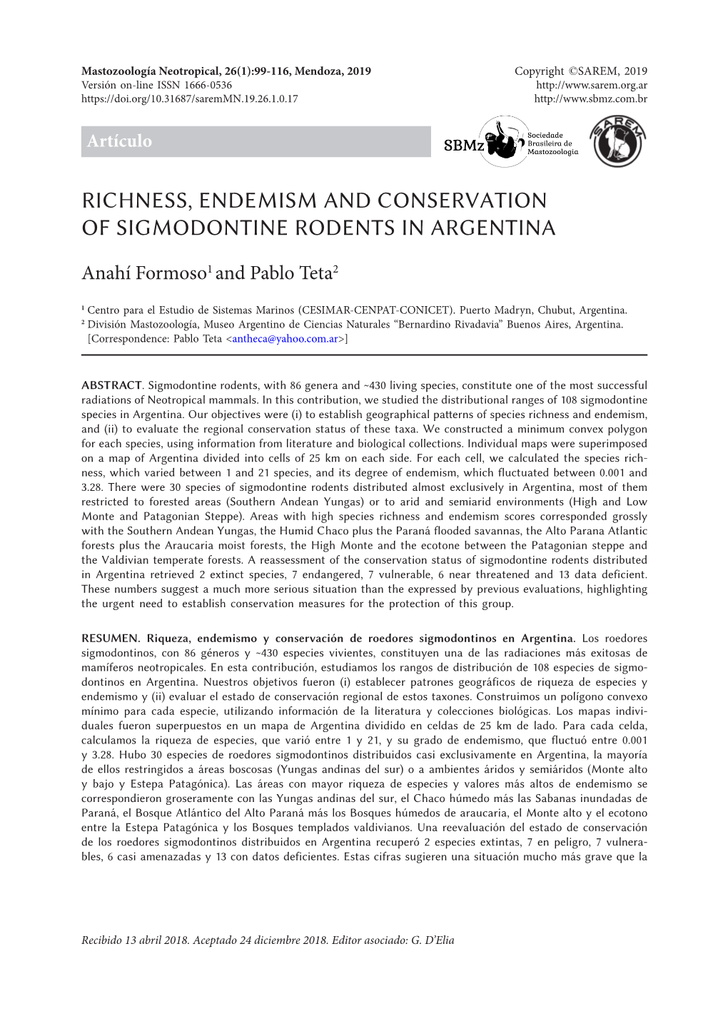 Richness, Endemism and Conservation of Sigmodontine Rodents in Argentina