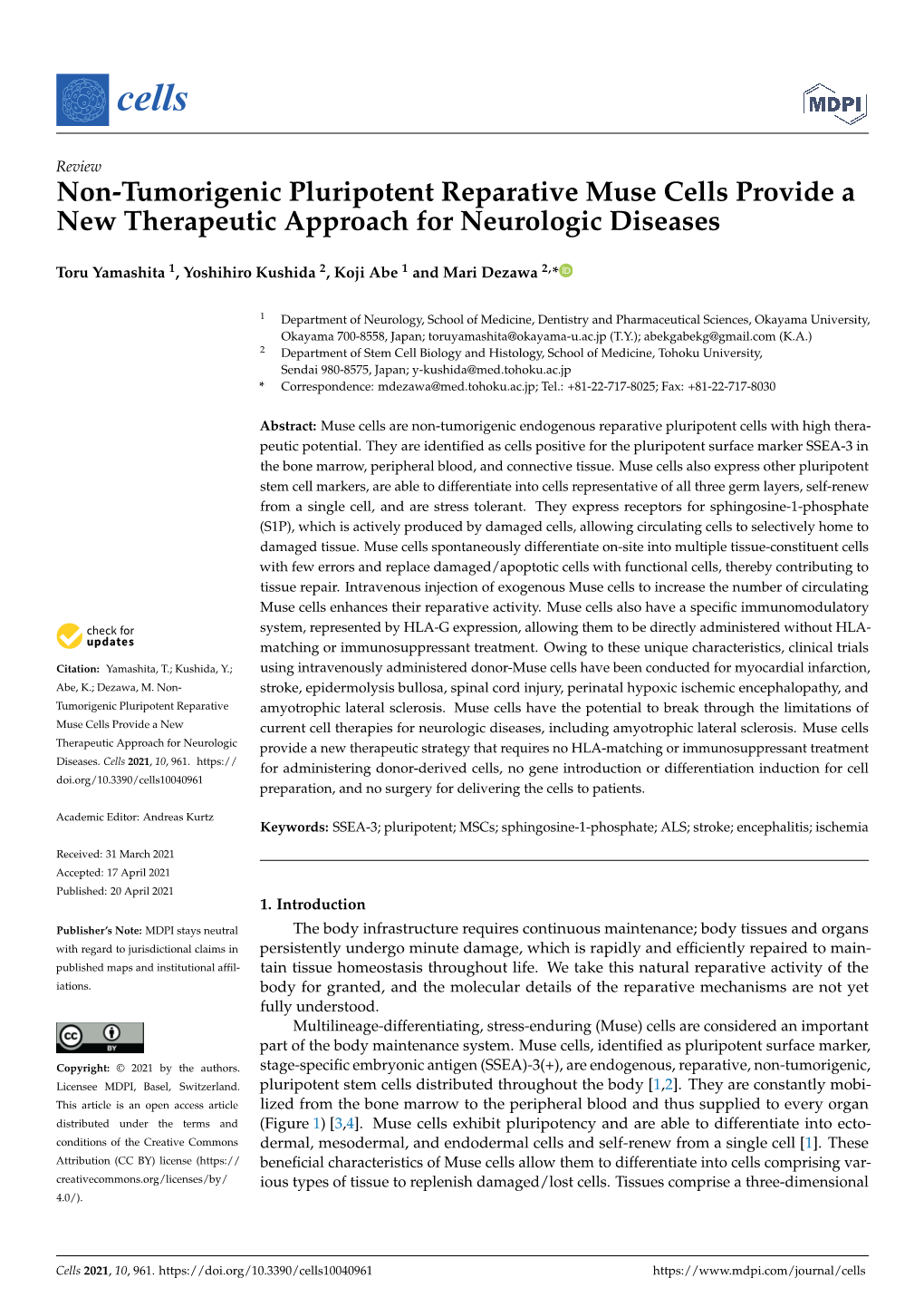 Non-Tumorigenic Pluripotent Reparative Muse Cells Provide a New Therapeutic Approach for Neurologic Diseases