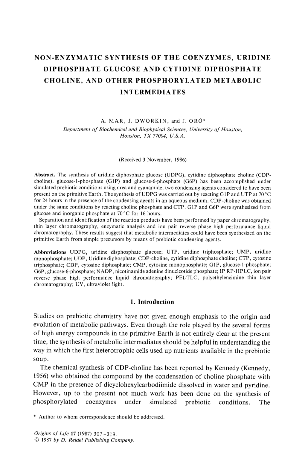 Non-Enzymatic Synthesis of the Coenzymes, Uridine Diphosphate