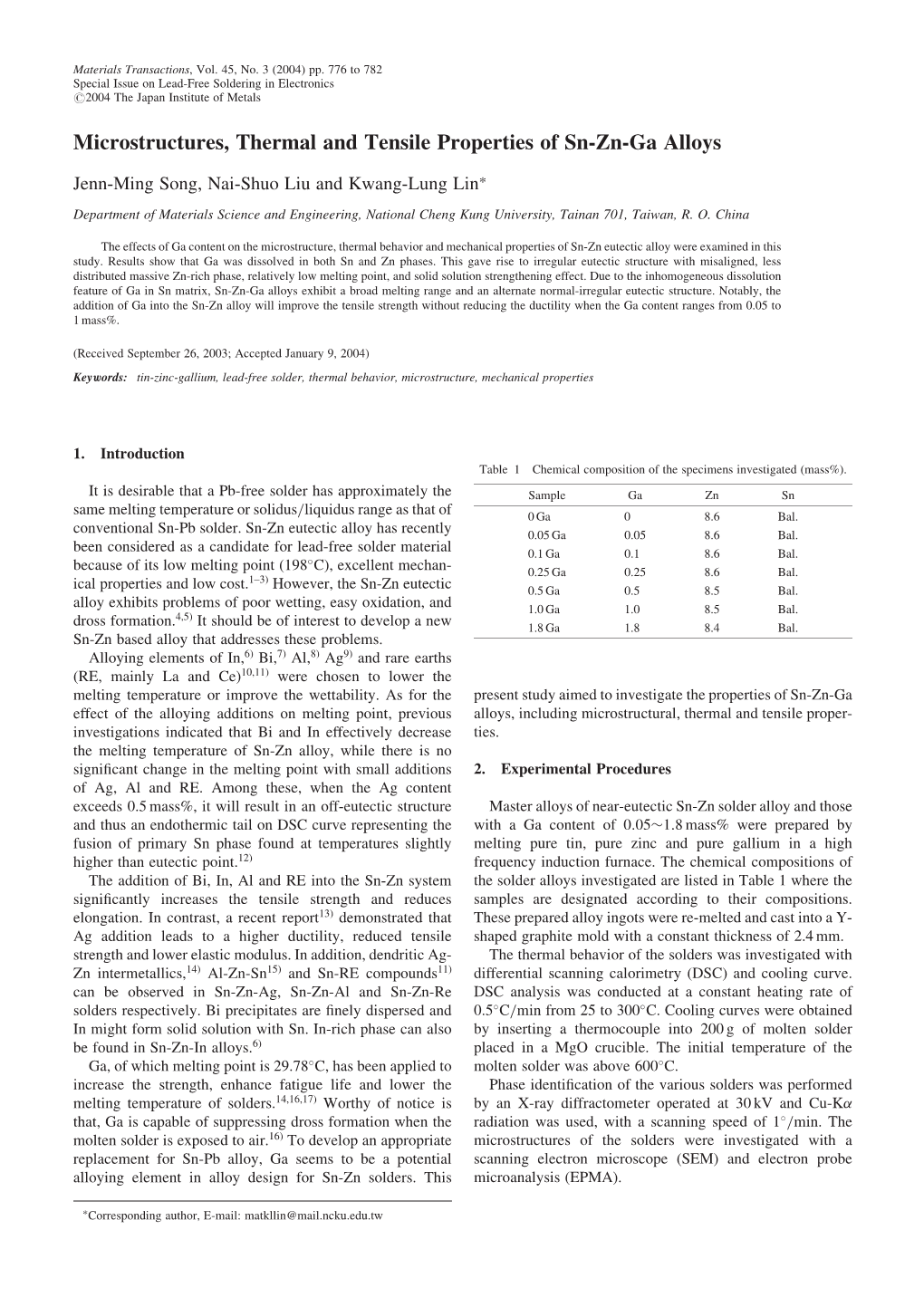 Microstructures, Thermal and Tensile Properties of Sn-Zn-Ga Alloys