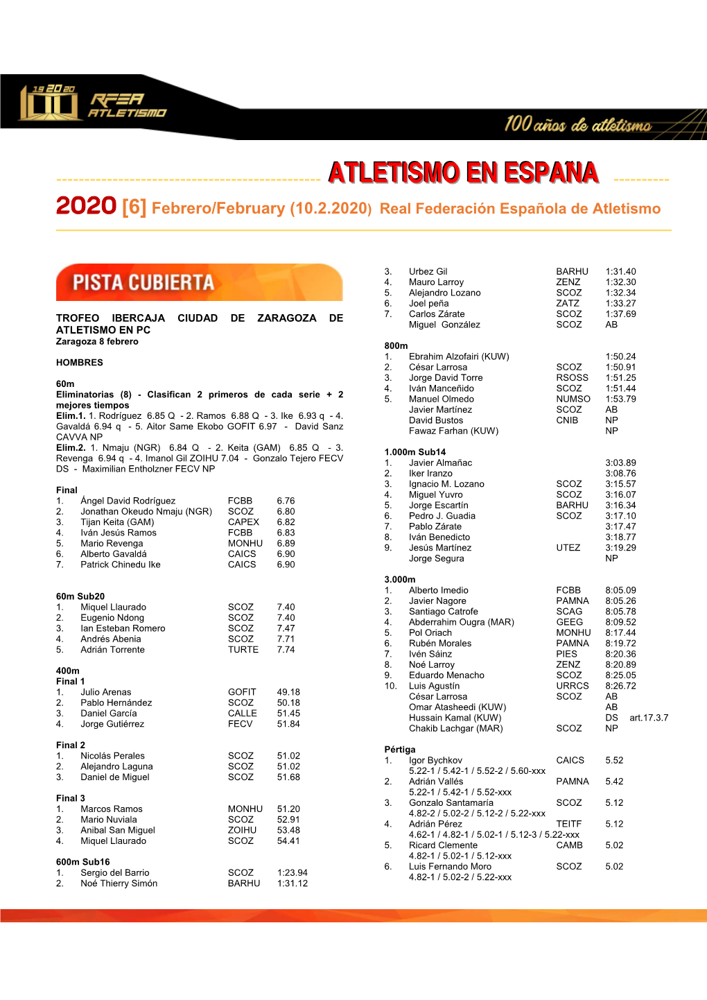 [6] Febrero/February (10.2.2020) Real Federación Española De Atletismo