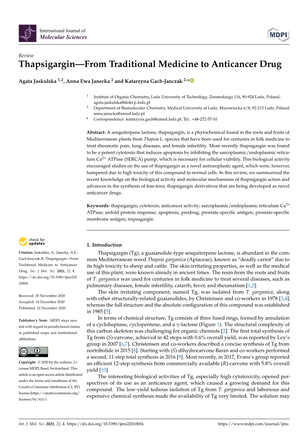 Thapsigargin—From Traditional Medicine to Anticancer Drug