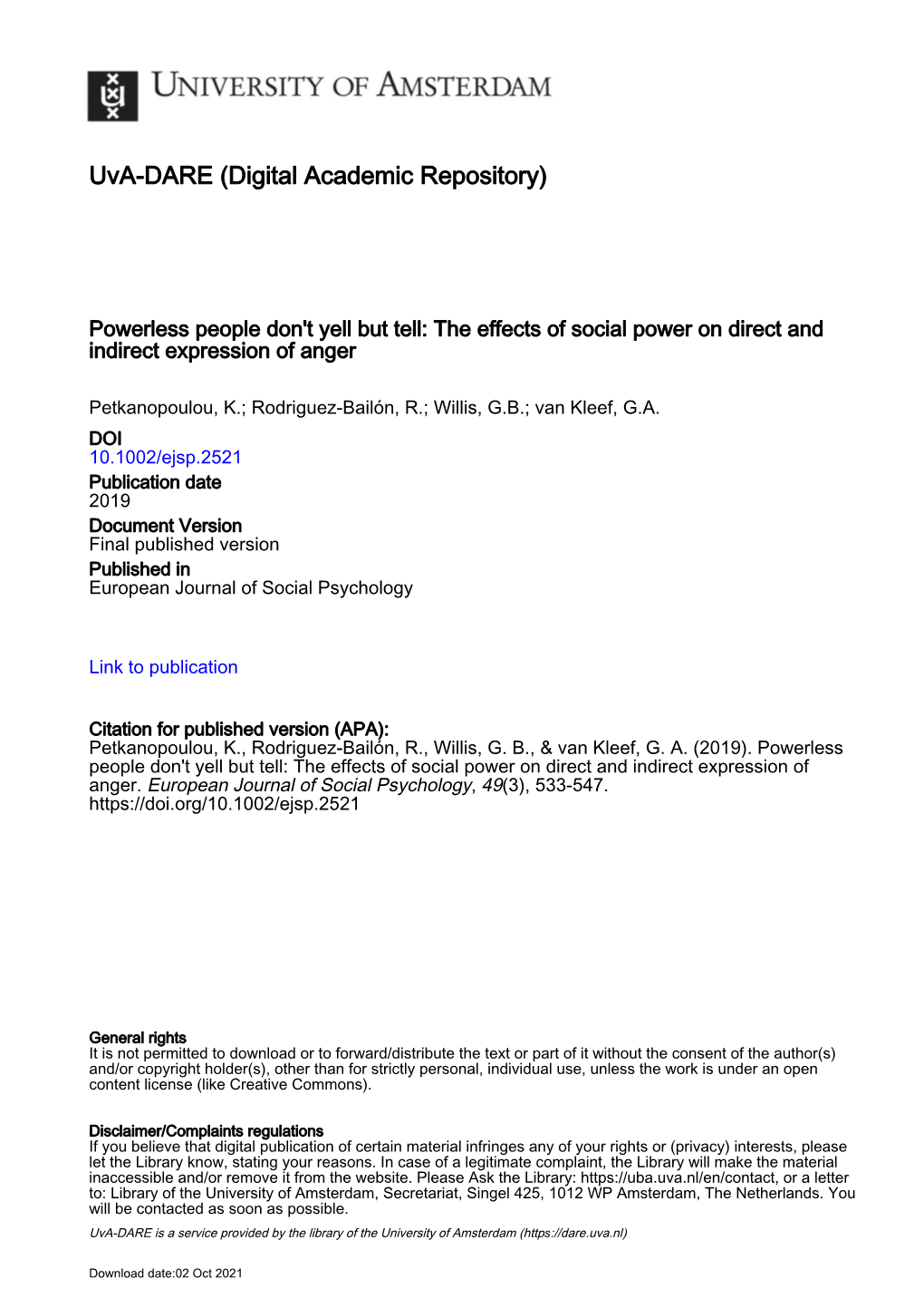 Ejsp.2521 Publication Date 2019 Document Version Final Published Version Published in European Journal of Social Psychology