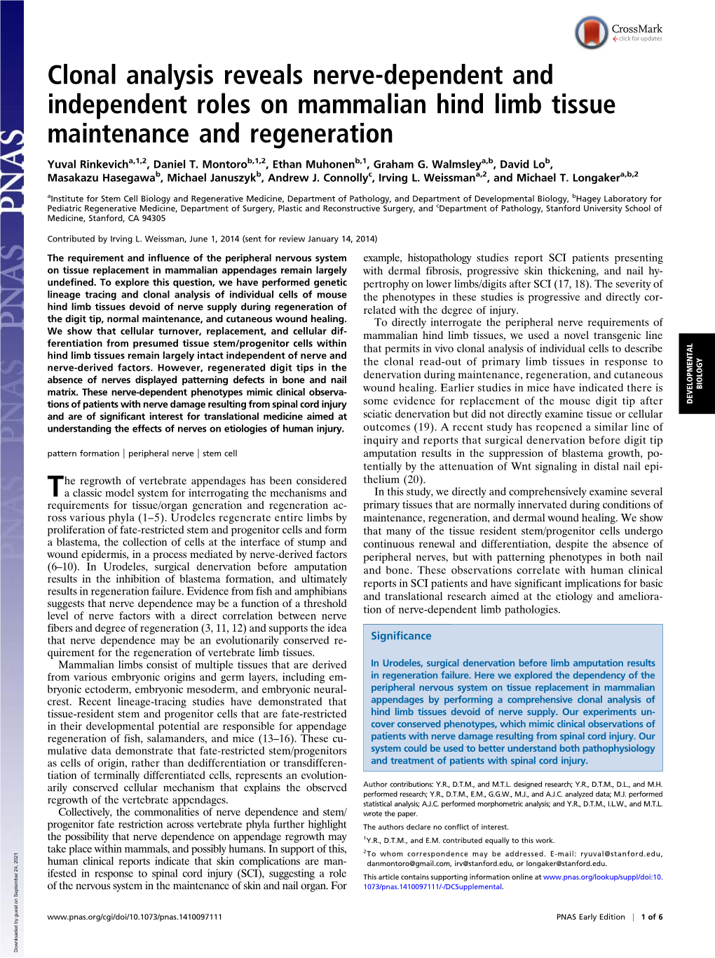 Clonal Analysis Reveals Nerve-Dependent and Independent Roles on Mammalian Hind Limb Tissue Maintenance and Regeneration