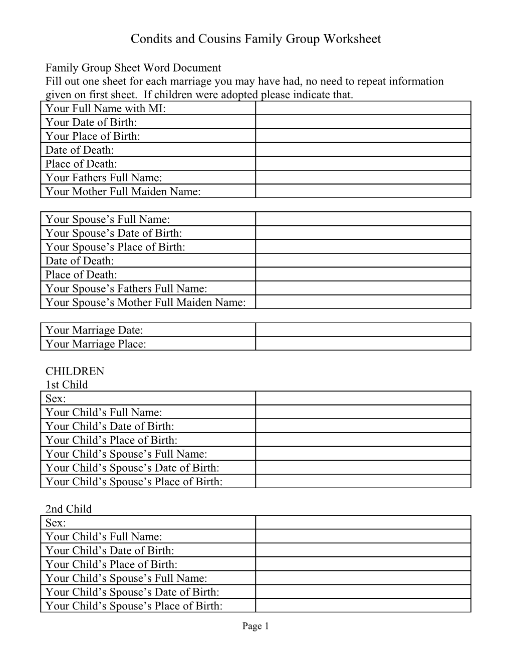 Family Group Sheet Word Document