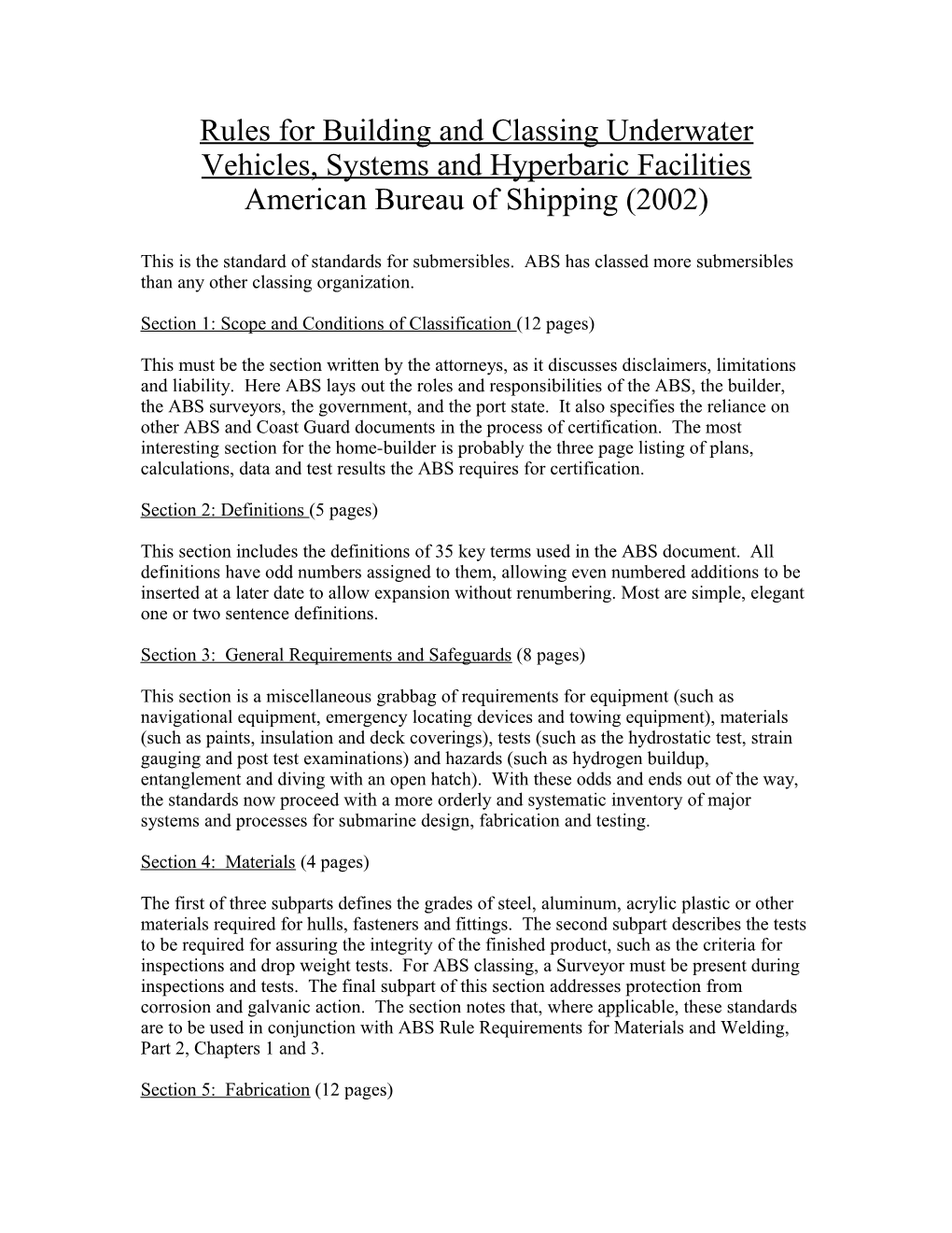 Section 1: Scope and Conditions of Classification (12 Pages)