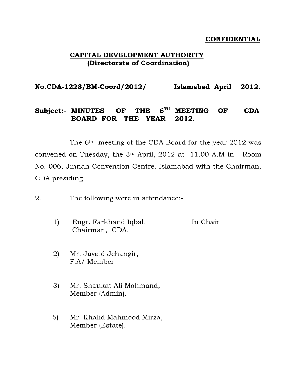 Minutes of the 6Th Meeting of Cda Board for the Year 2012