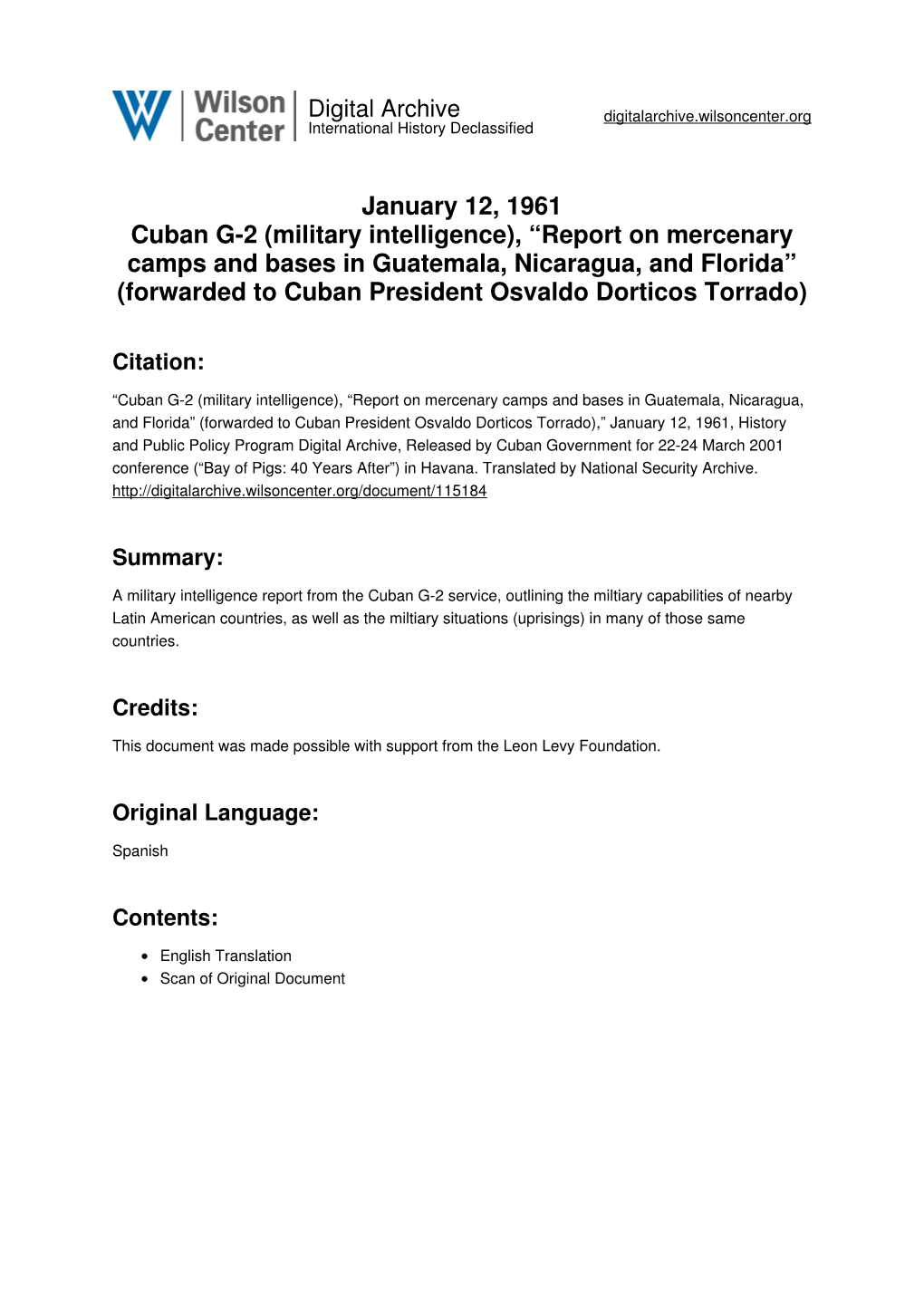 Military Intelligence), “Report on Mercenary Camps and Bases in Guatemala, Nicaragua, and Florida” (Forwarded to Cuban President Osvaldo Dorticos Torrado)