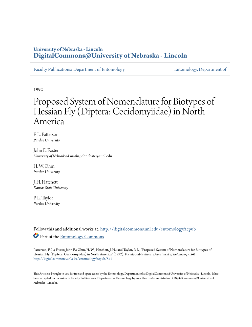 Proposed System of Nomenclature for Biotypes of Hessian Fly (Diptera: Cecidomyiidae) in North America F