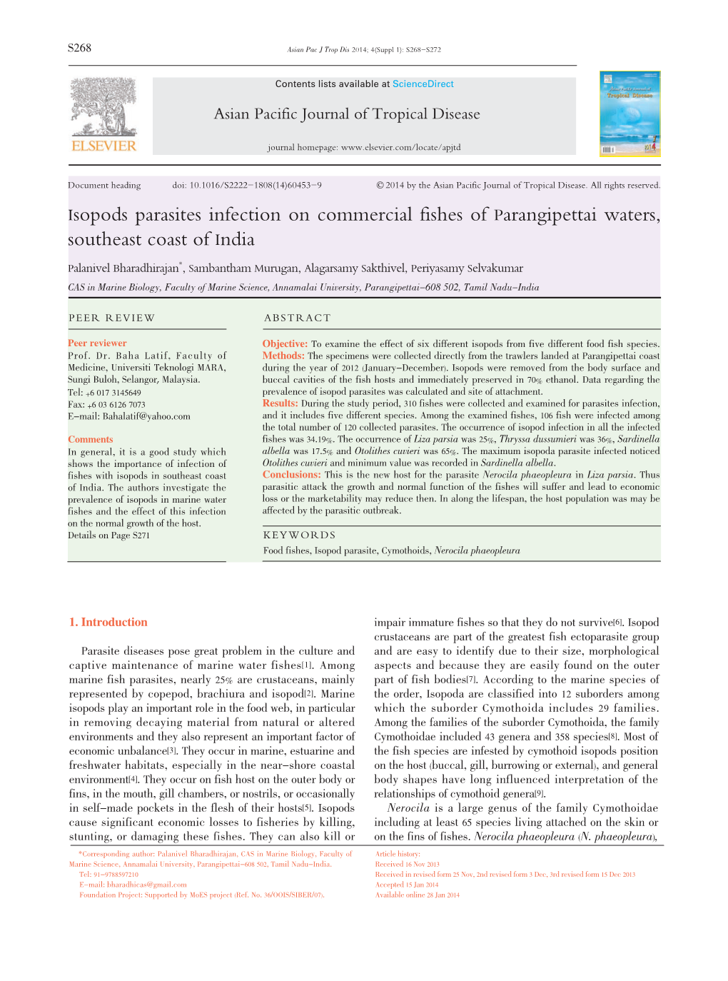 Isopods Parasites Infection on Commercial Fishes of Parangipettai Waters, Southeast Coast of India