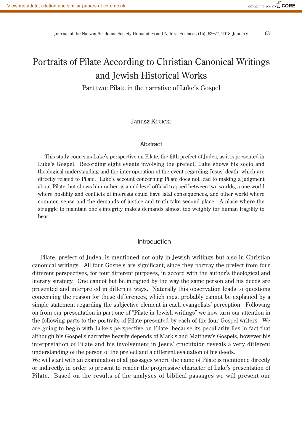 Portraits of Pilate According to Christian Canonical Writings and Jewish Historical Works Part Two: Pilate in the Narrative of Luke’S Gospel