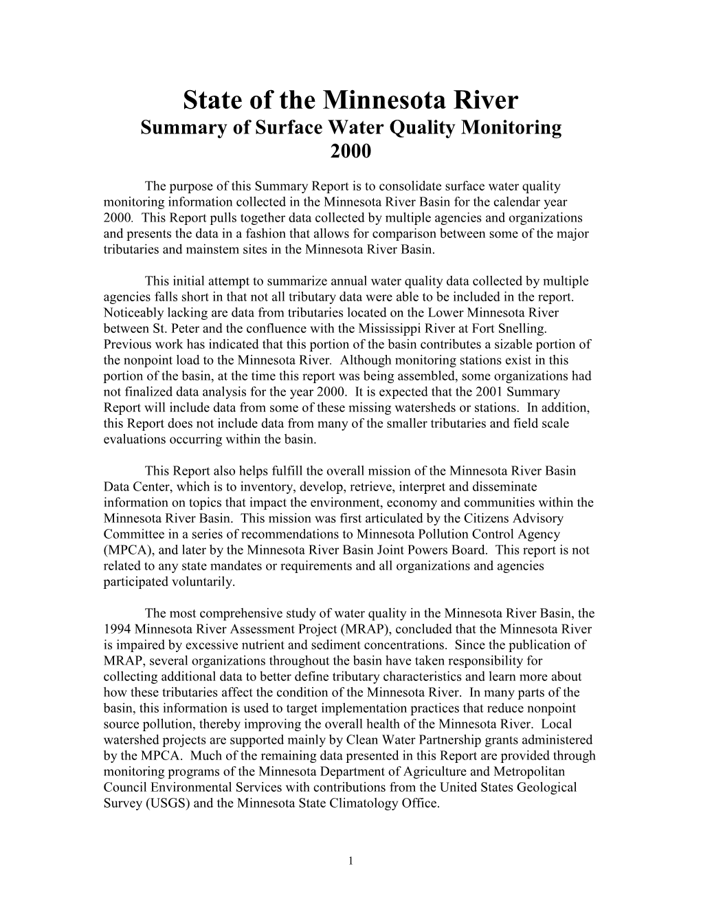 State of the Minnesota River Summary of Surface Water Quality Monitoring 2000